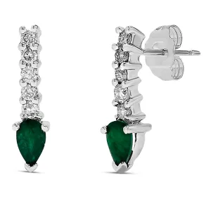 14k White Gold Pear Shape Green Emerald Gemstone and Diamond Earrings, Birthstone of May.