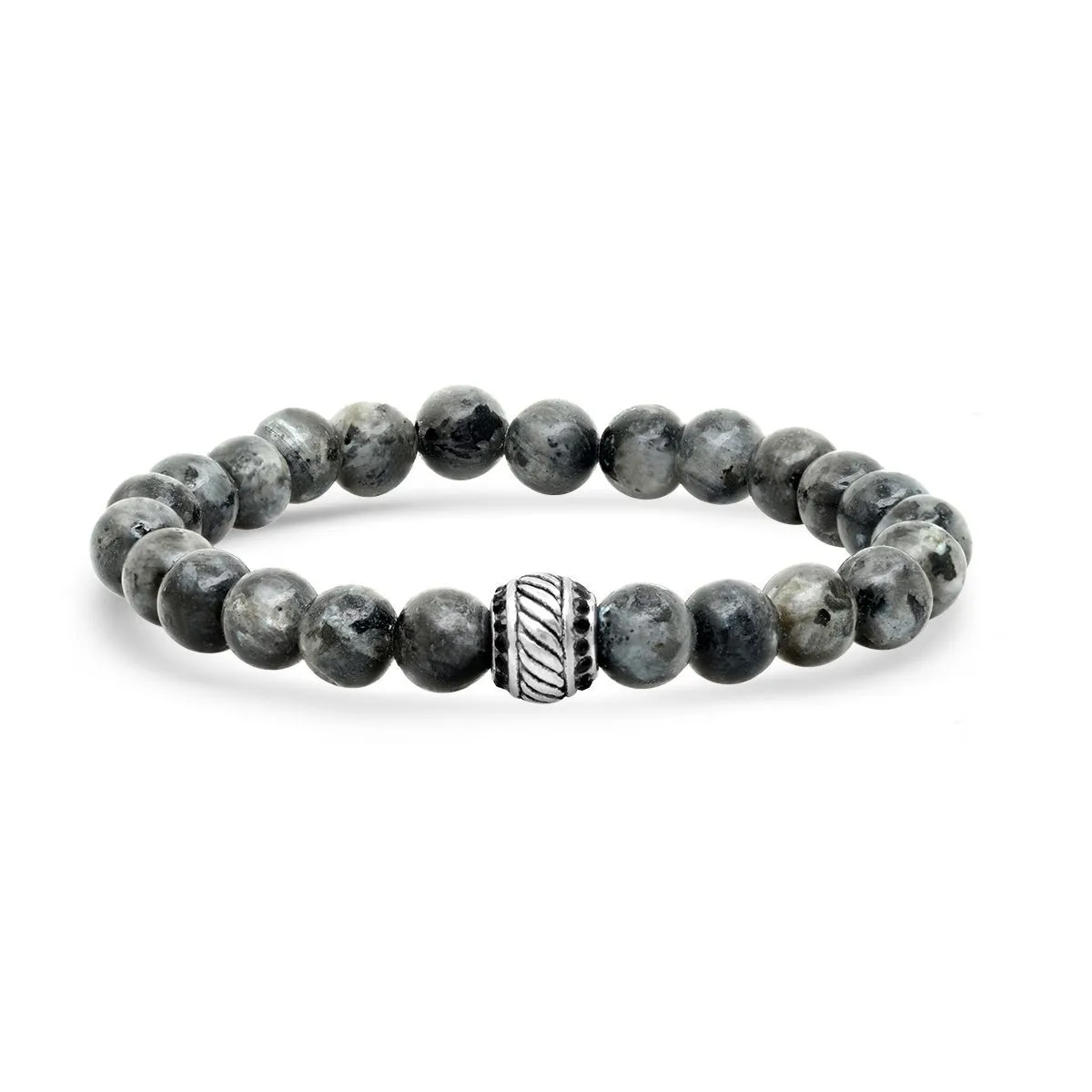 2-Piece Set: Men's Black Leather/Stainless Steel and Gray Agate Bracelets