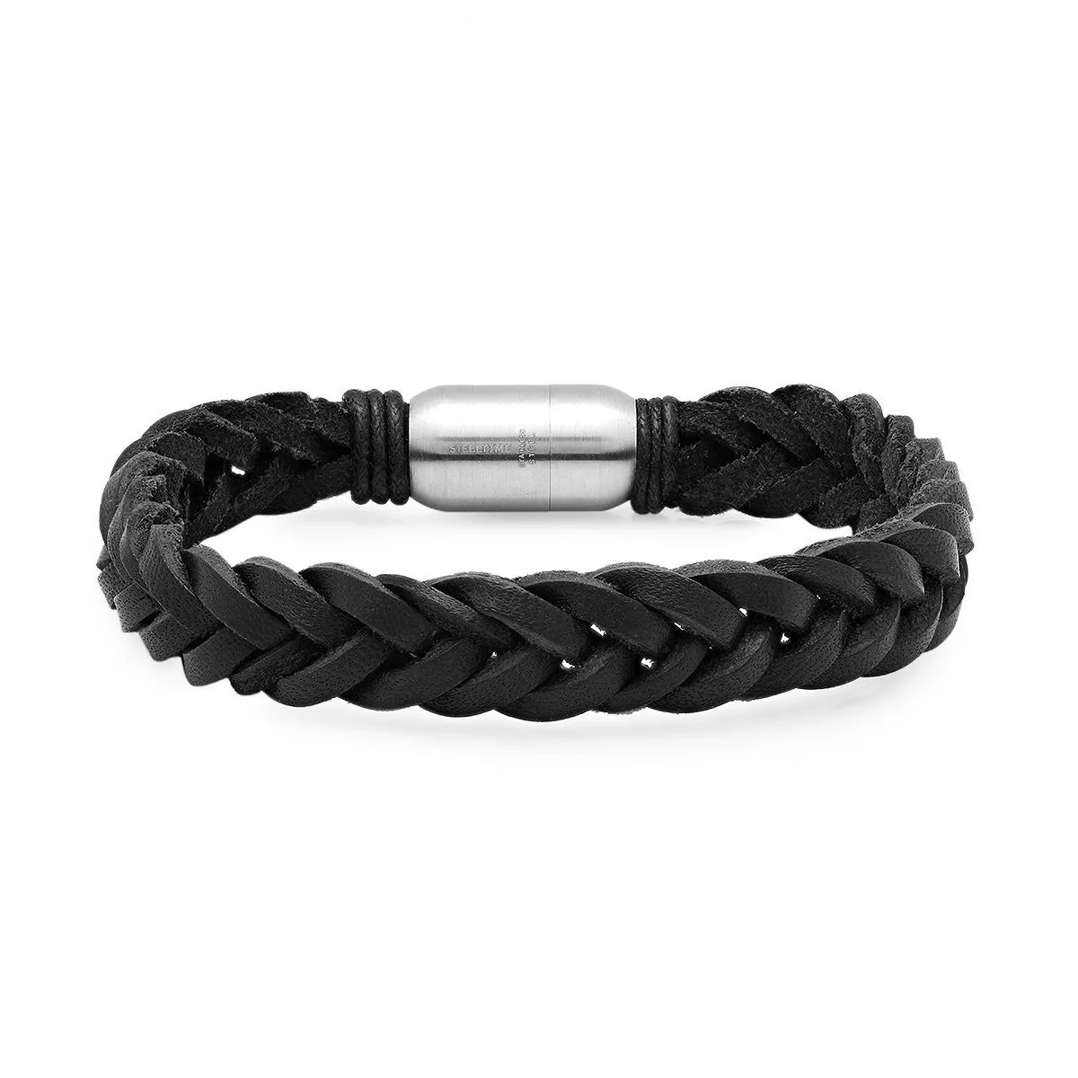 2-Piece Set: Men's Black Leather/Stainless Steel and Gray Agate Bracelets
