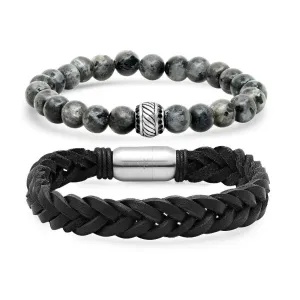 2-Piece Set: Men's Black Leather/Stainless Steel and Gray Agate Bracelets