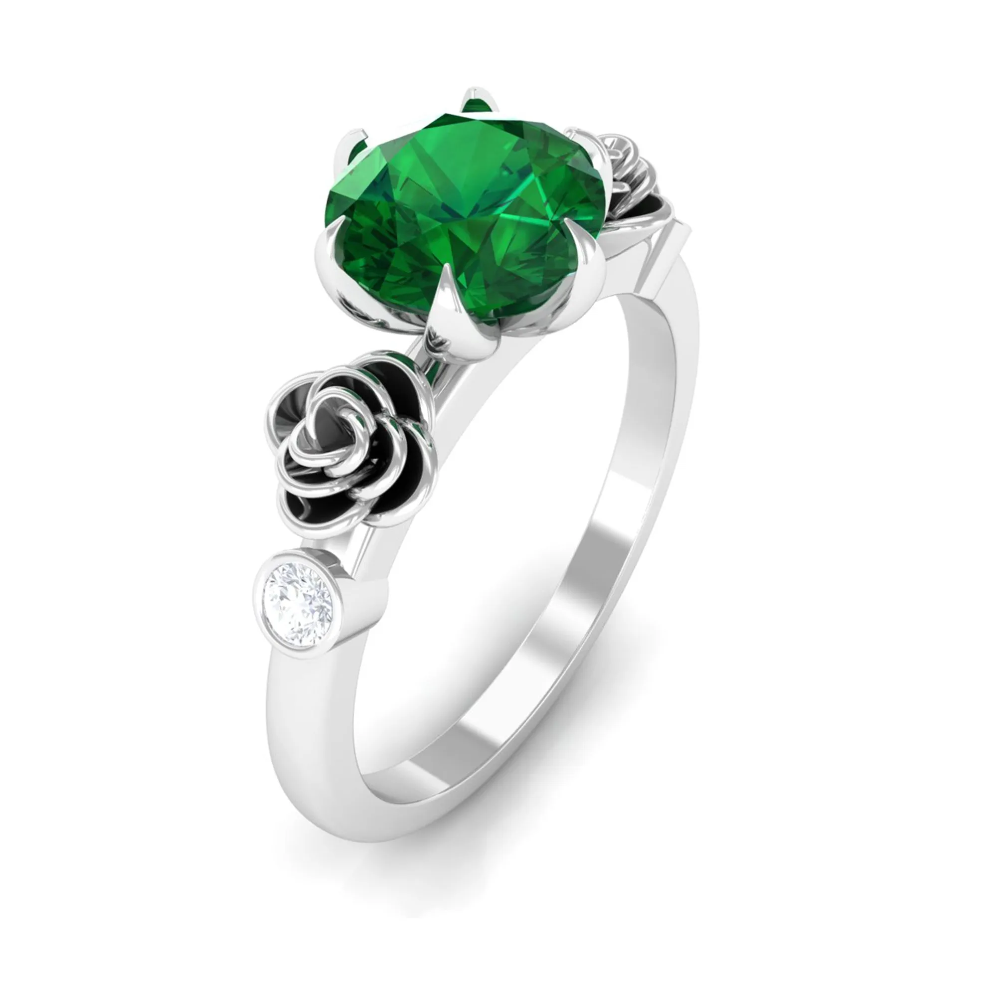 2.5 CT Solitaire Created Emerald Flower Ring with Diamond