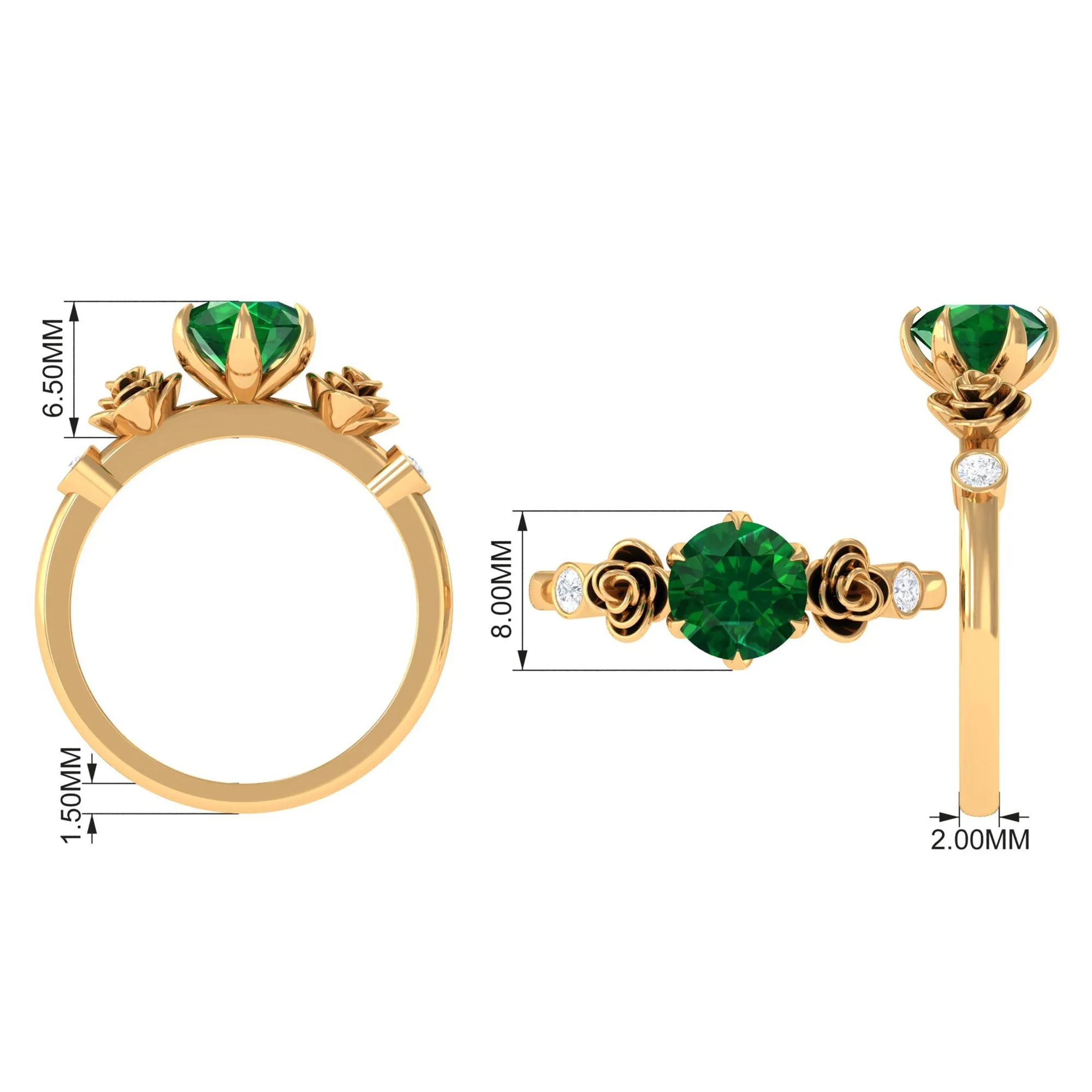 2.5 CT Solitaire Created Emerald Flower Ring with Diamond