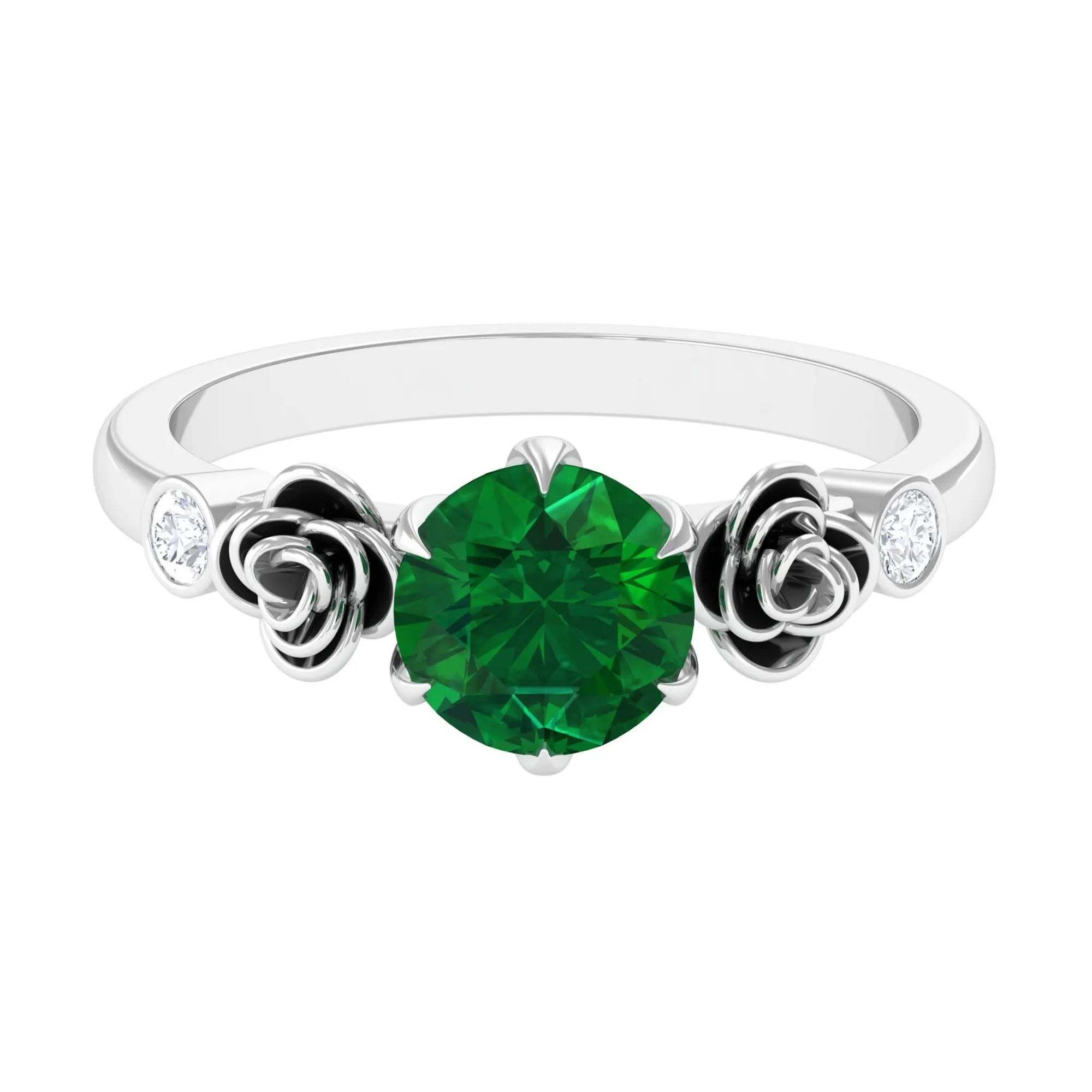 2.5 CT Solitaire Created Emerald Flower Ring with Diamond