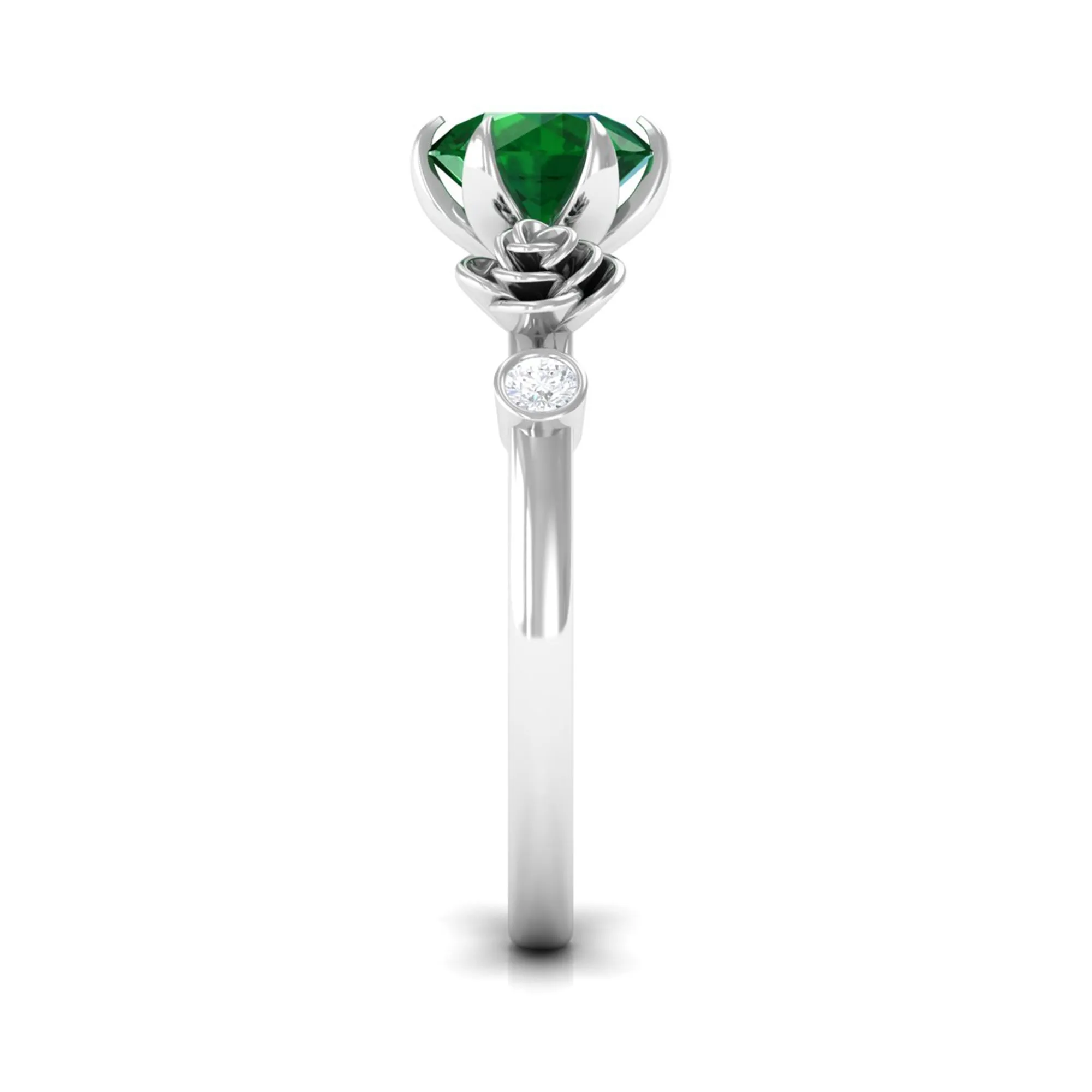 2.5 CT Solitaire Created Emerald Flower Ring with Diamond