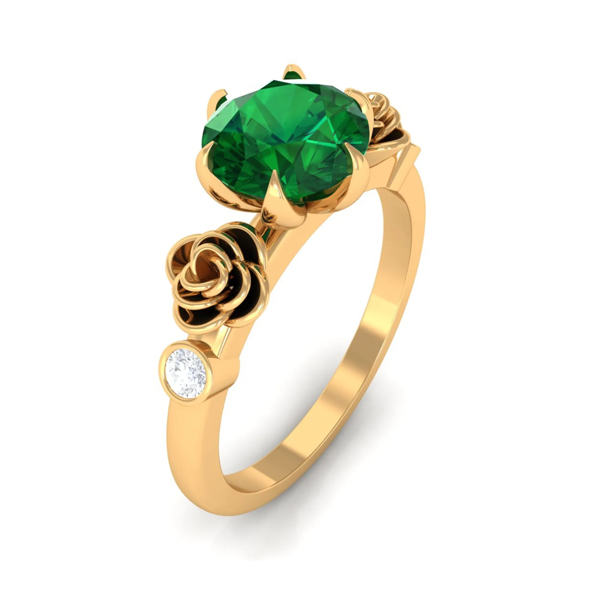 2.5 CT Solitaire Created Emerald Flower Ring with Diamond