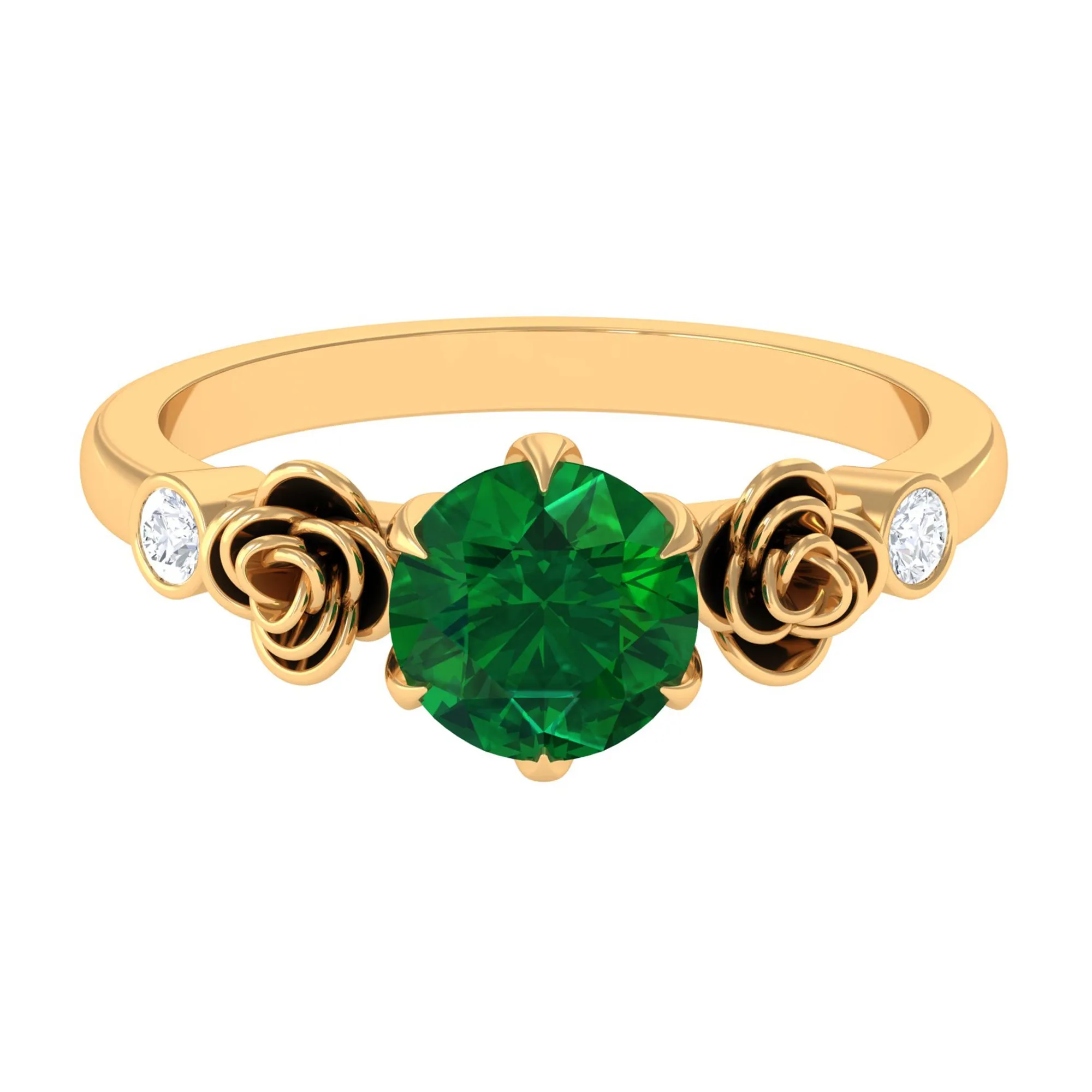 2.5 CT Solitaire Created Emerald Flower Ring with Diamond