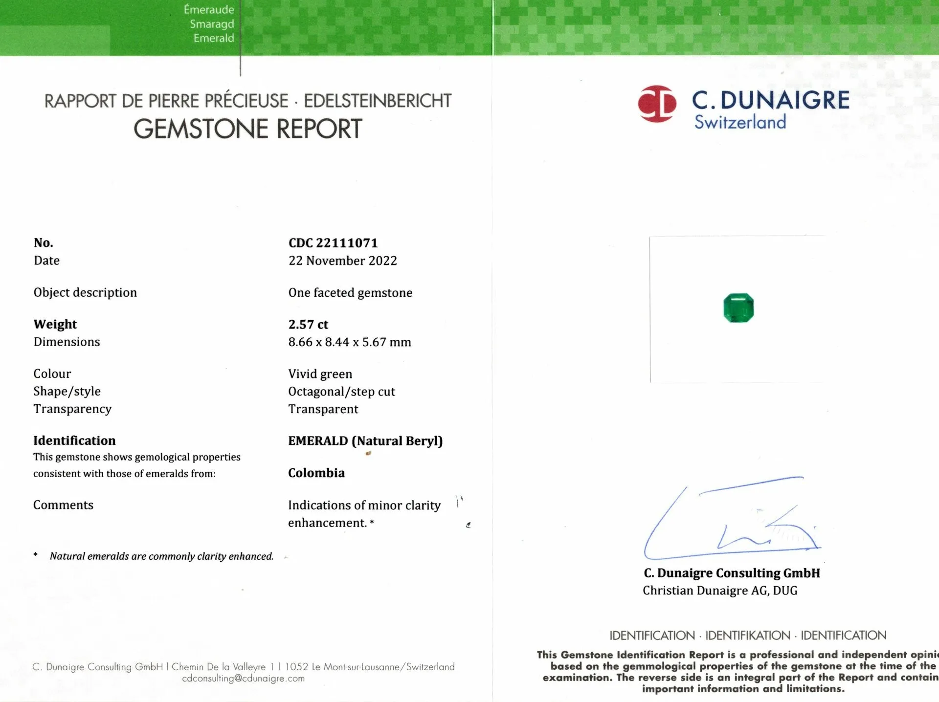 2.57ct CERTIFIED COLOMBIAN EMERALD MINOR OIL ASSCHER CUT NATURAL LOOSE GEMSTONE