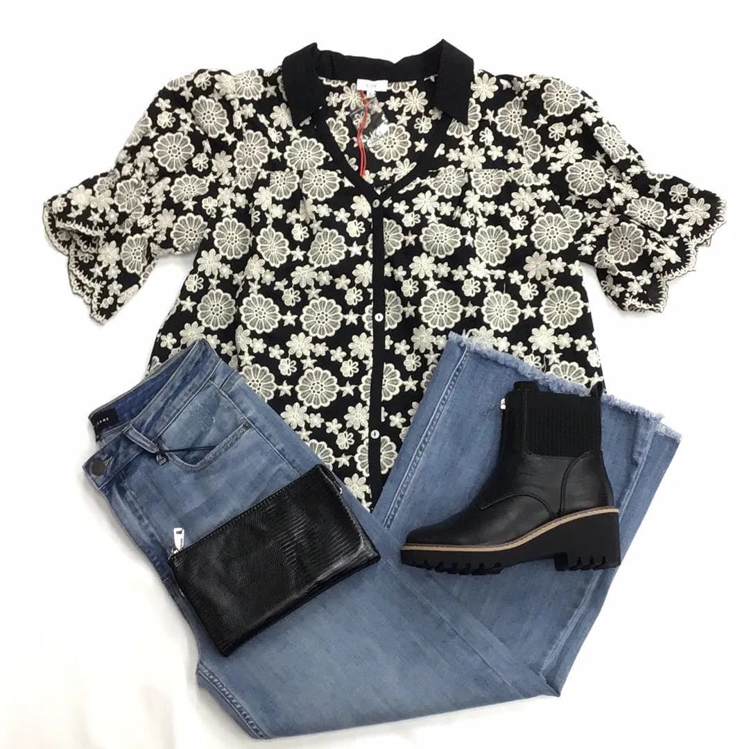 Black Contrast Collar Scallop Hem Embroidered Top