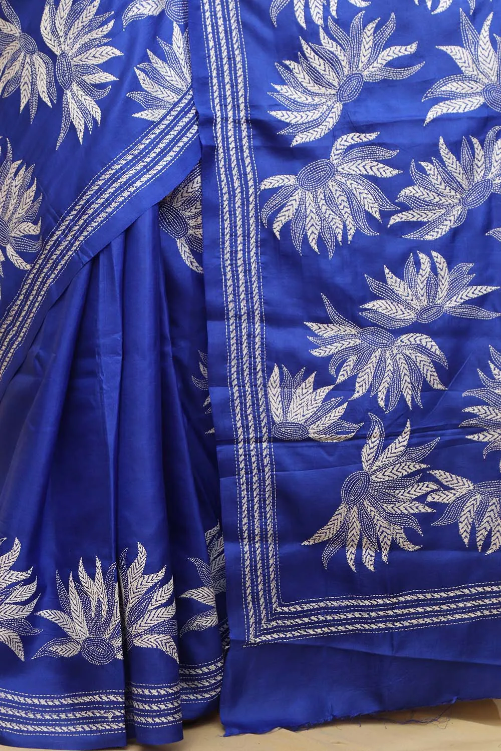 Blue Kantha Hand Embroidered Bangalore Silk Saree