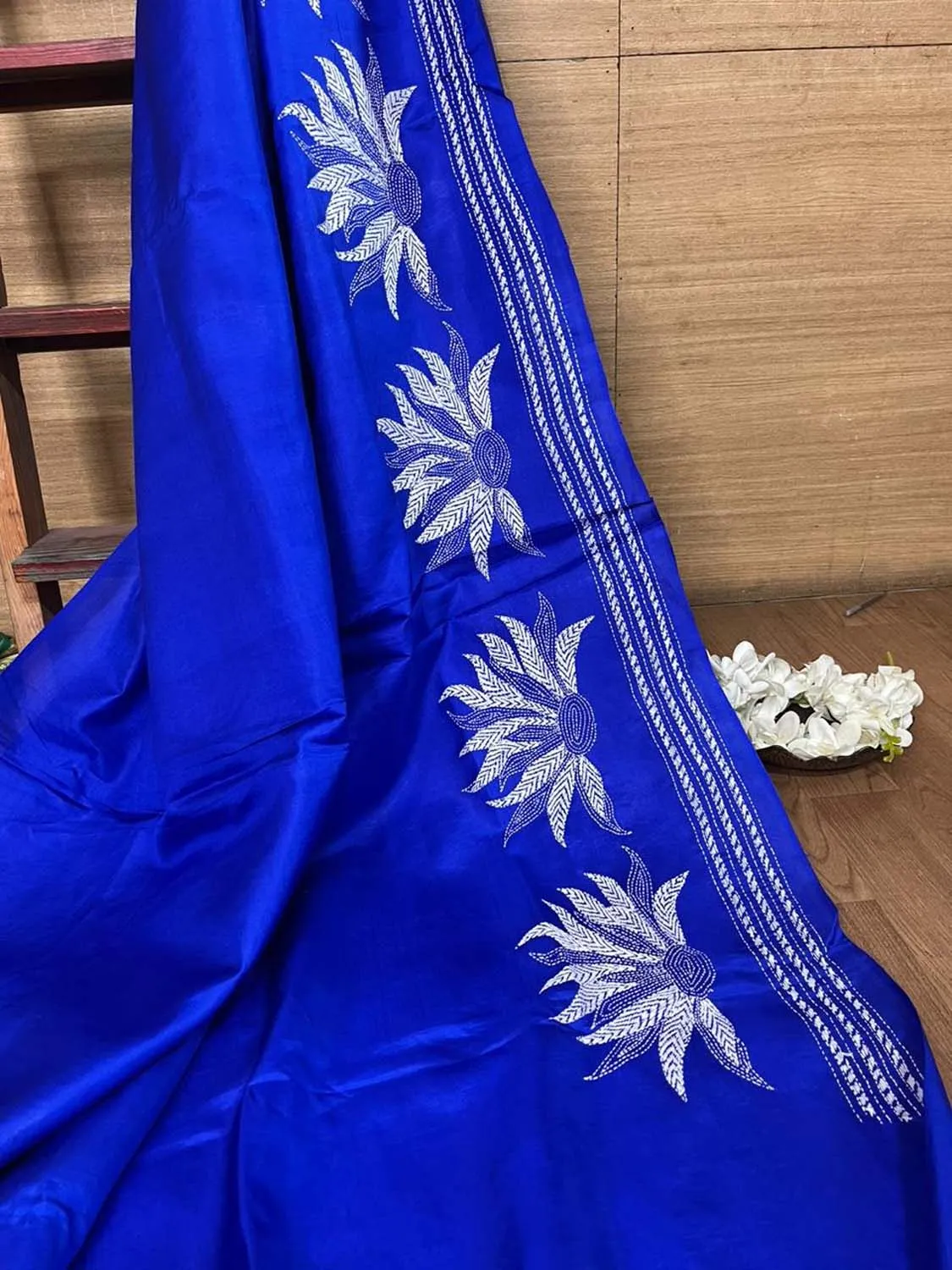 Blue Kantha Hand Embroidered Bangalore Silk Saree