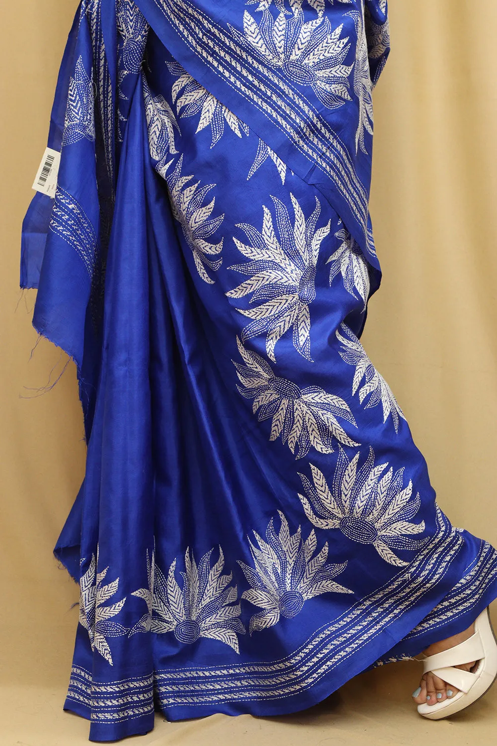 Blue Kantha Hand Embroidered Bangalore Silk Saree
