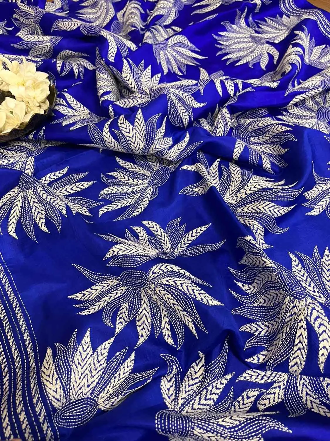 Blue Kantha Hand Embroidered Bangalore Silk Saree