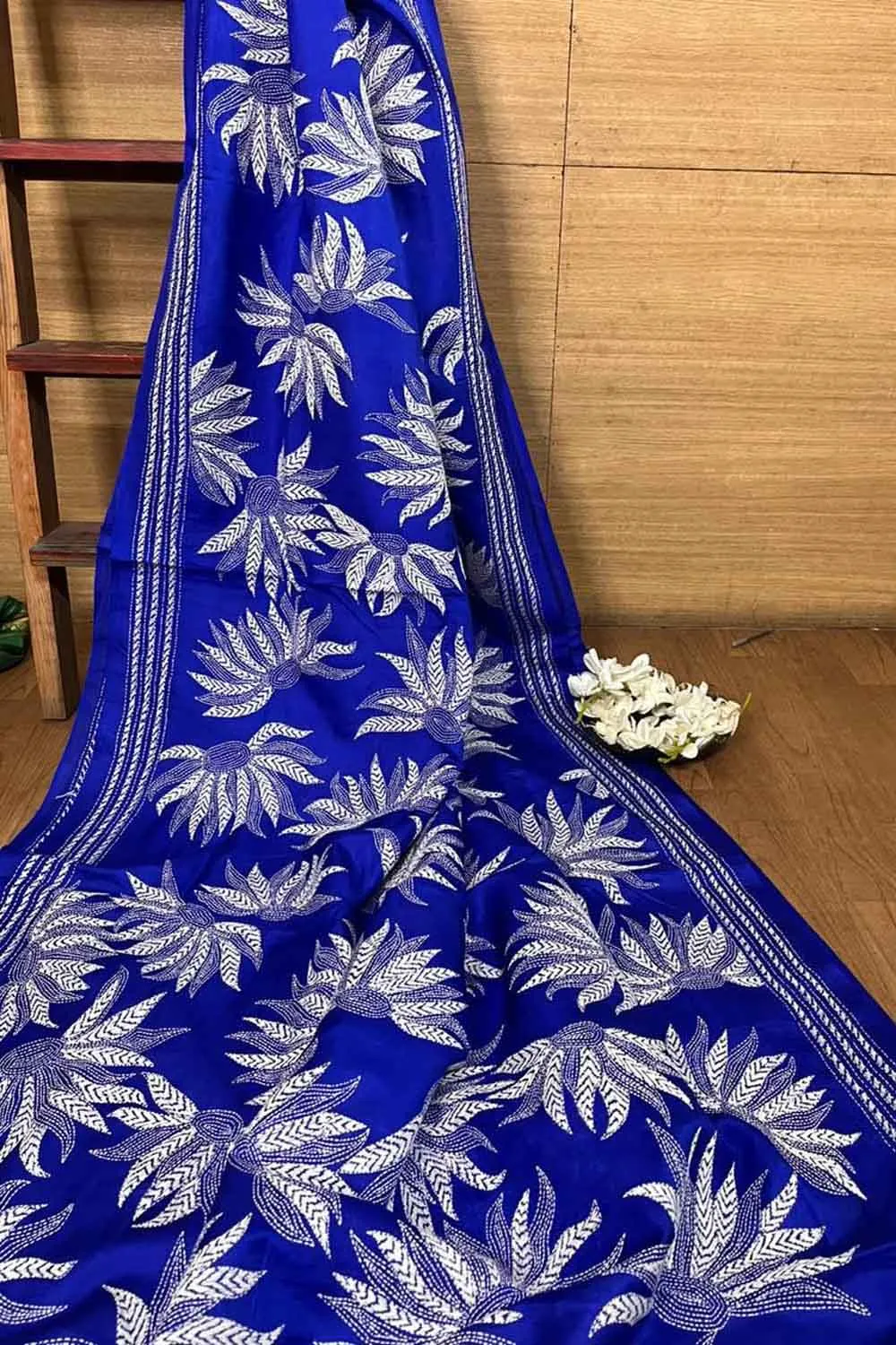 Blue Kantha Hand Embroidered Bangalore Silk Saree
