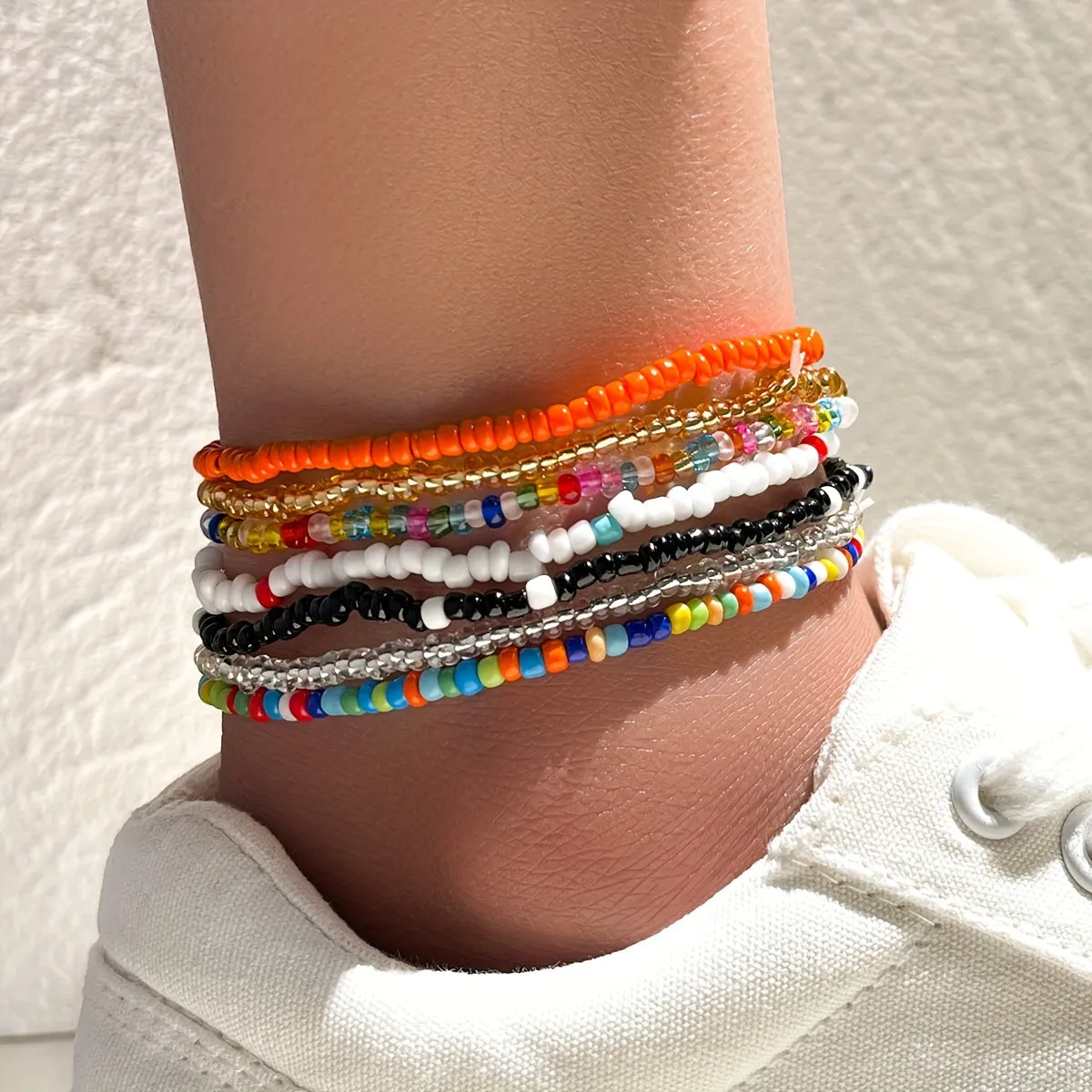 Boho Beaded Anklet Set 7 Handmade Stackable Bracelets