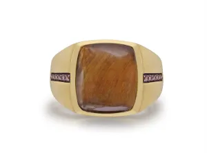 Chatoyant Yellow Tiger Eye Stone & Champagne Diamond Signet Ring in 14K Yellow Gold Plated Sterling Silver