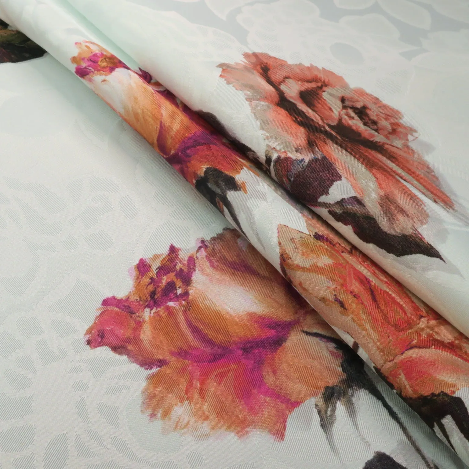 Copper Floral on White Printed Polyester Mikado Fabric