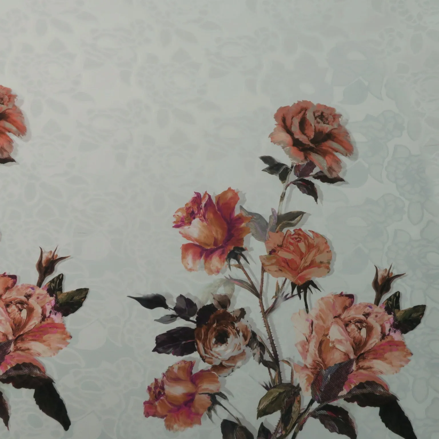 Copper Floral on White Printed Polyester Mikado Fabric