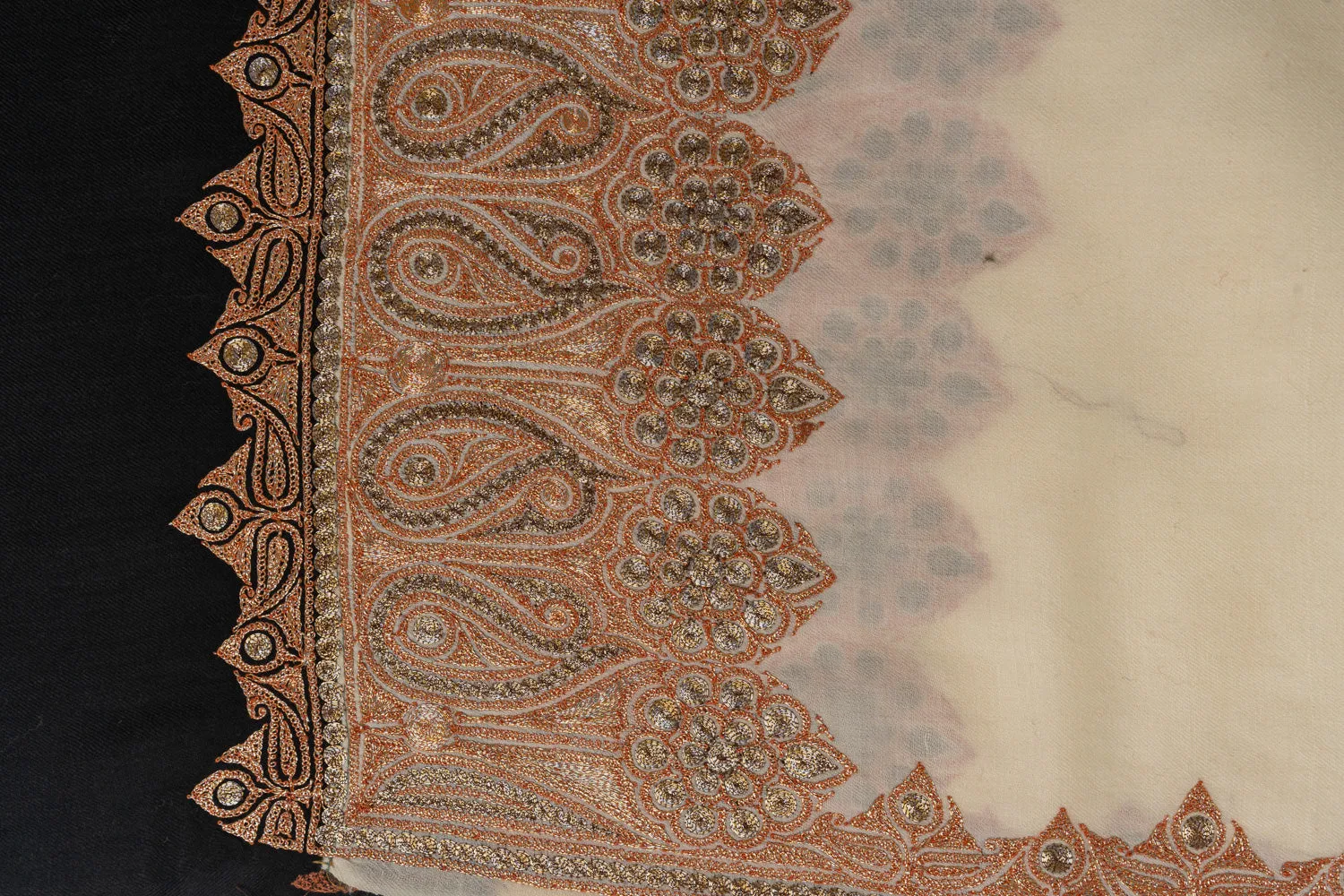 Elegant Ivory and Black Kashmiri Tilla Embroidered Merino Wool Shawl