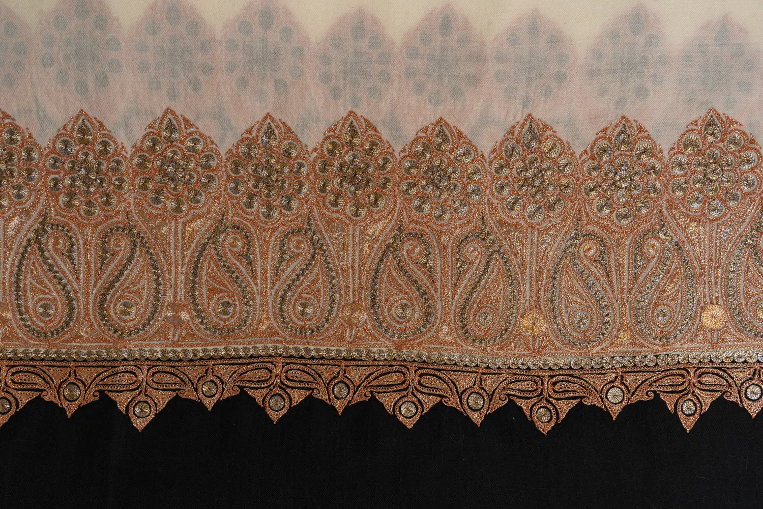 Elegant Ivory and Black Kashmiri Tilla Embroidered Merino Wool Shawl