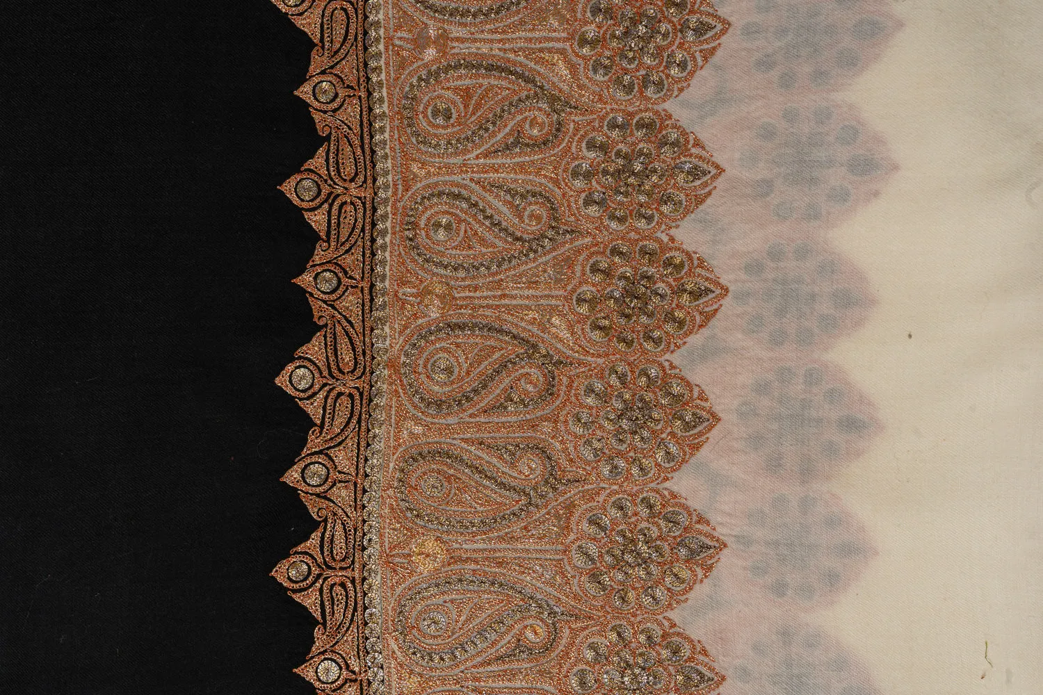 Elegant Ivory and Black Kashmiri Tilla Embroidered Merino Wool Shawl