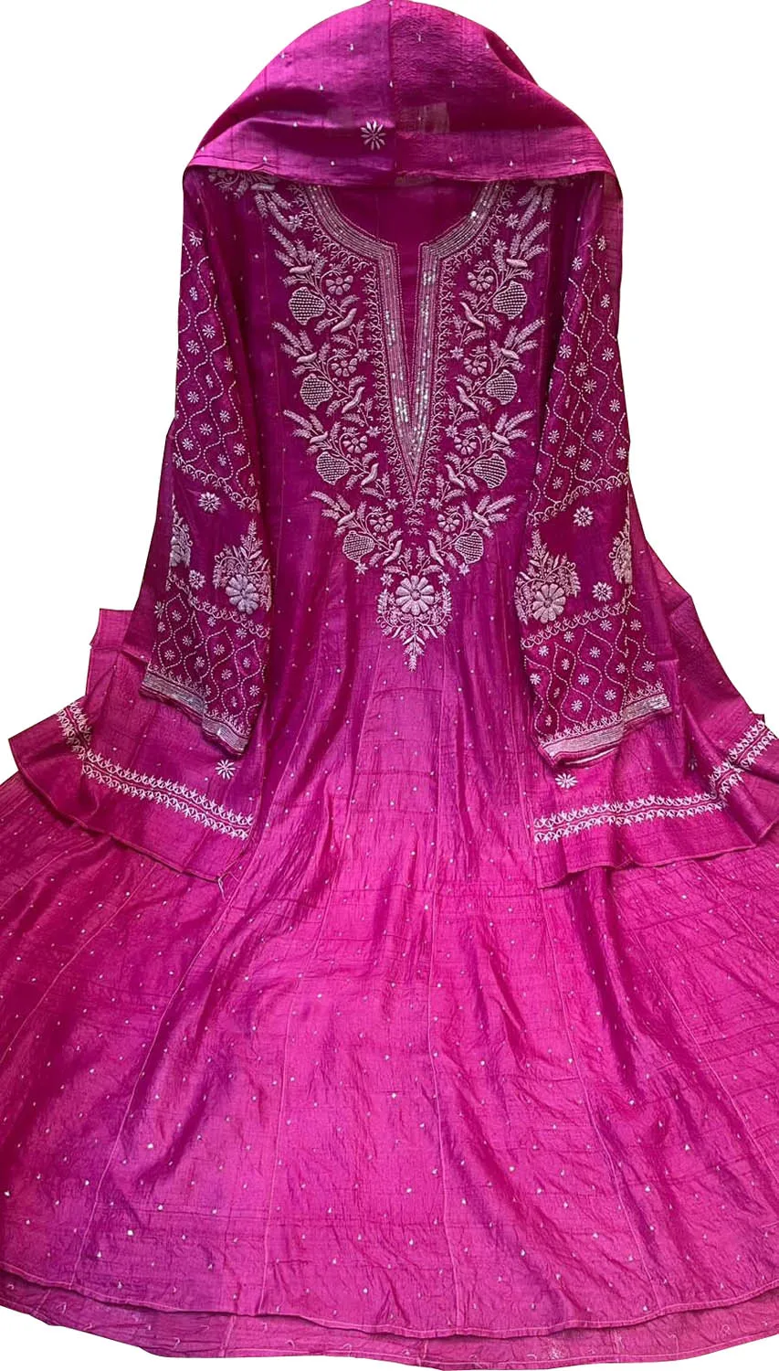 Elegant Pink Chikankari Tussar Silk Anarkali Suit Set
