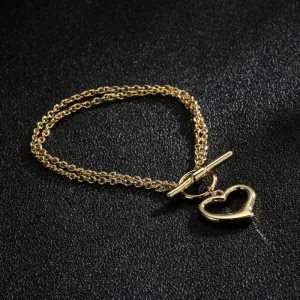 Gold Double Bracelet Heart Charm T-Bar 7 Inch