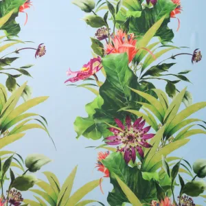 Green Floral on Blue Printed Polyester Mikado Fabric