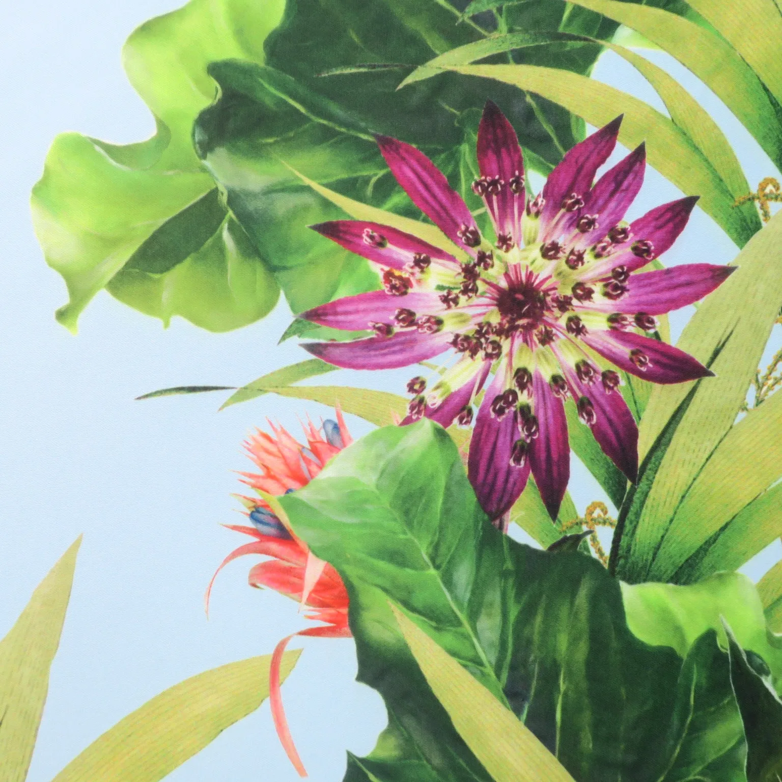 Green Floral on Blue Printed Polyester Mikado Fabric