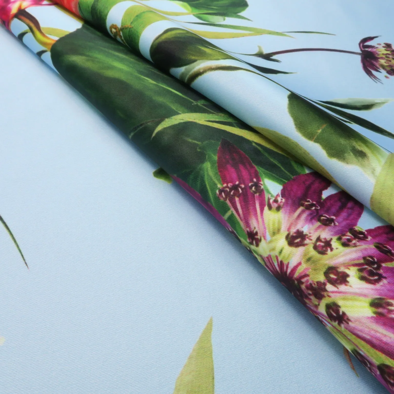 Green Floral on Blue Printed Polyester Mikado Fabric