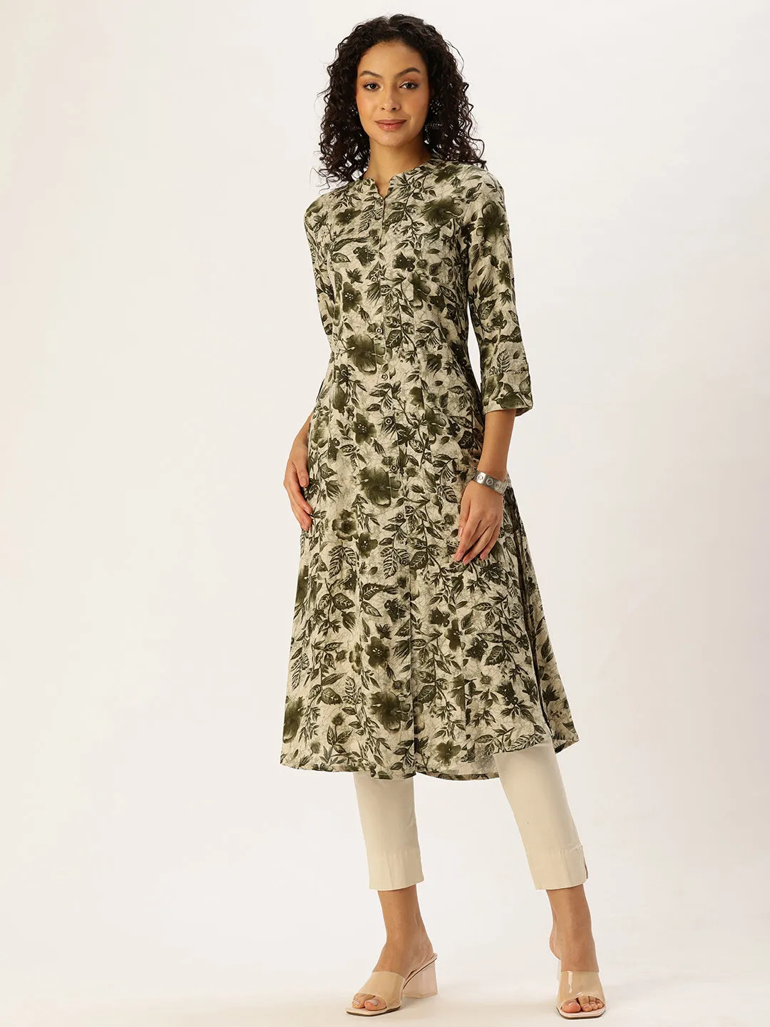 Green Floral Printed Flared Sleeves Kurta