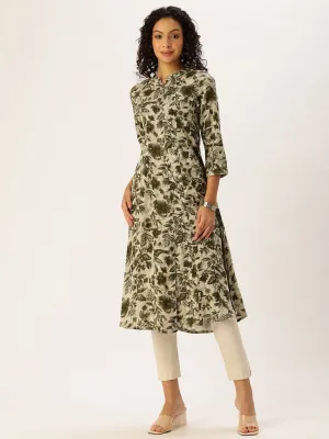Green Floral Printed Flared Sleeves Kurta