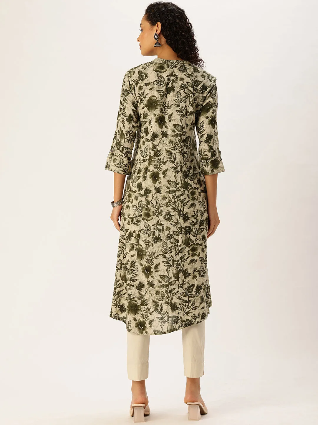 Green Floral Printed Flared Sleeves Kurta