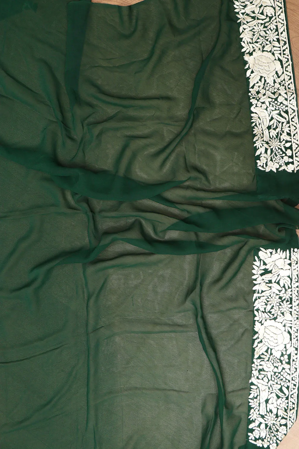 Green Hand Embroidered Parsi Gara Georgette Saree