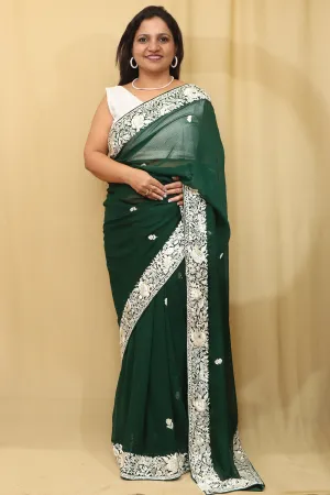 Green Hand Embroidered Parsi Gara Georgette Saree