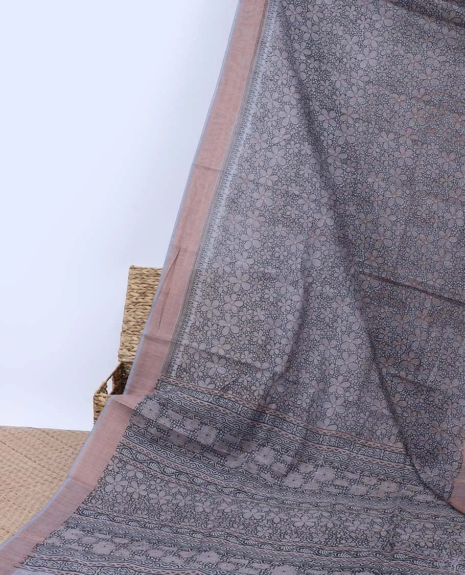 Grey floral printed budget cotton saree, plain border &  floral & geometric printed pallu