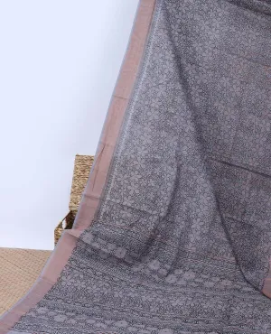 Grey floral printed budget cotton saree, plain border &  floral & geometric printed pallu