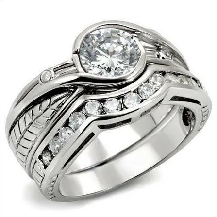 Jewellery Kingdom Engagement Silver Sterling 925 CZ Wedding Band Bridal Bezel Ring Set