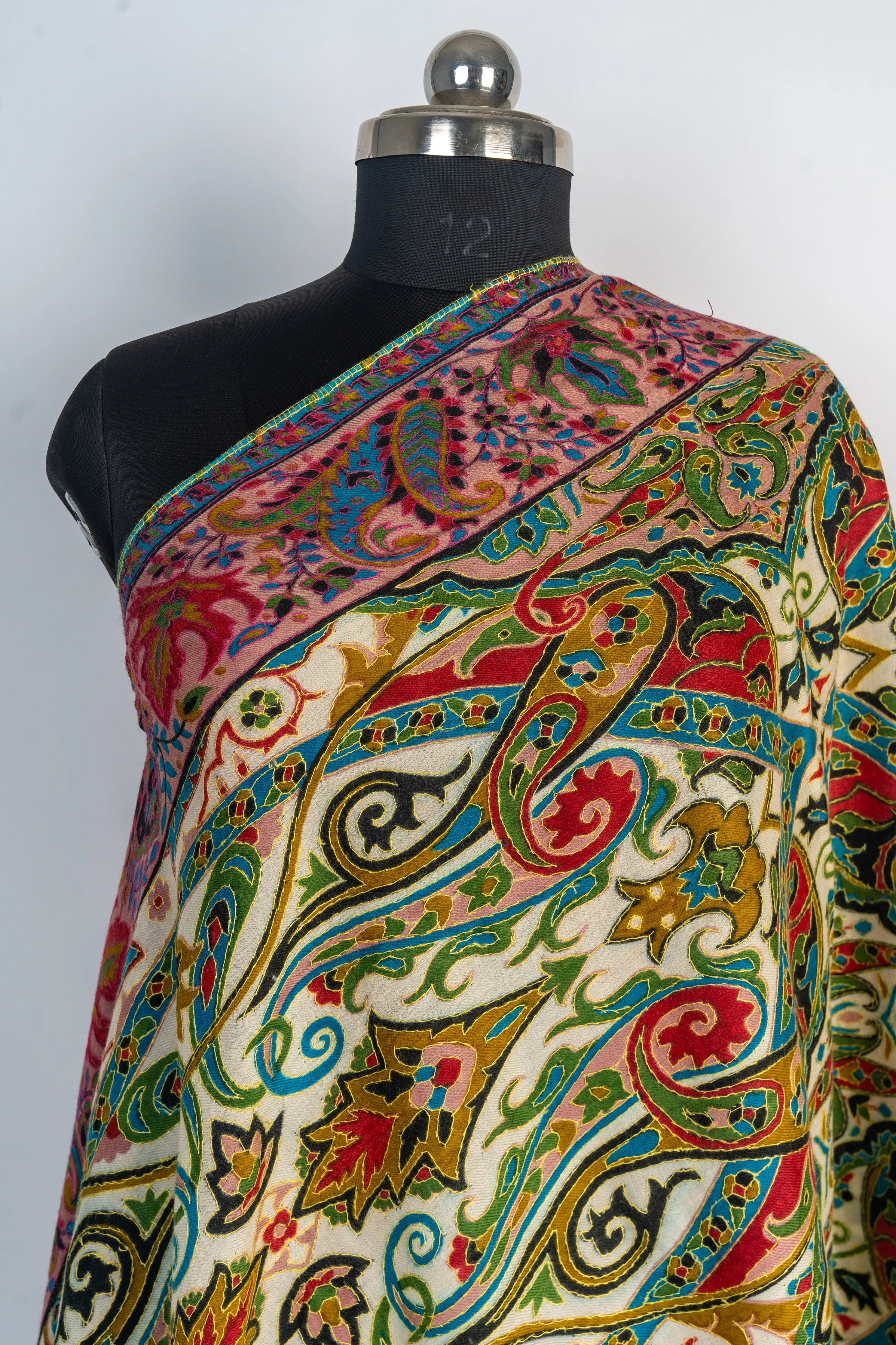 Kalamkari Shawl: Hand-Embroidered Sozni Merino Wool Shawl in Multicolor Delight