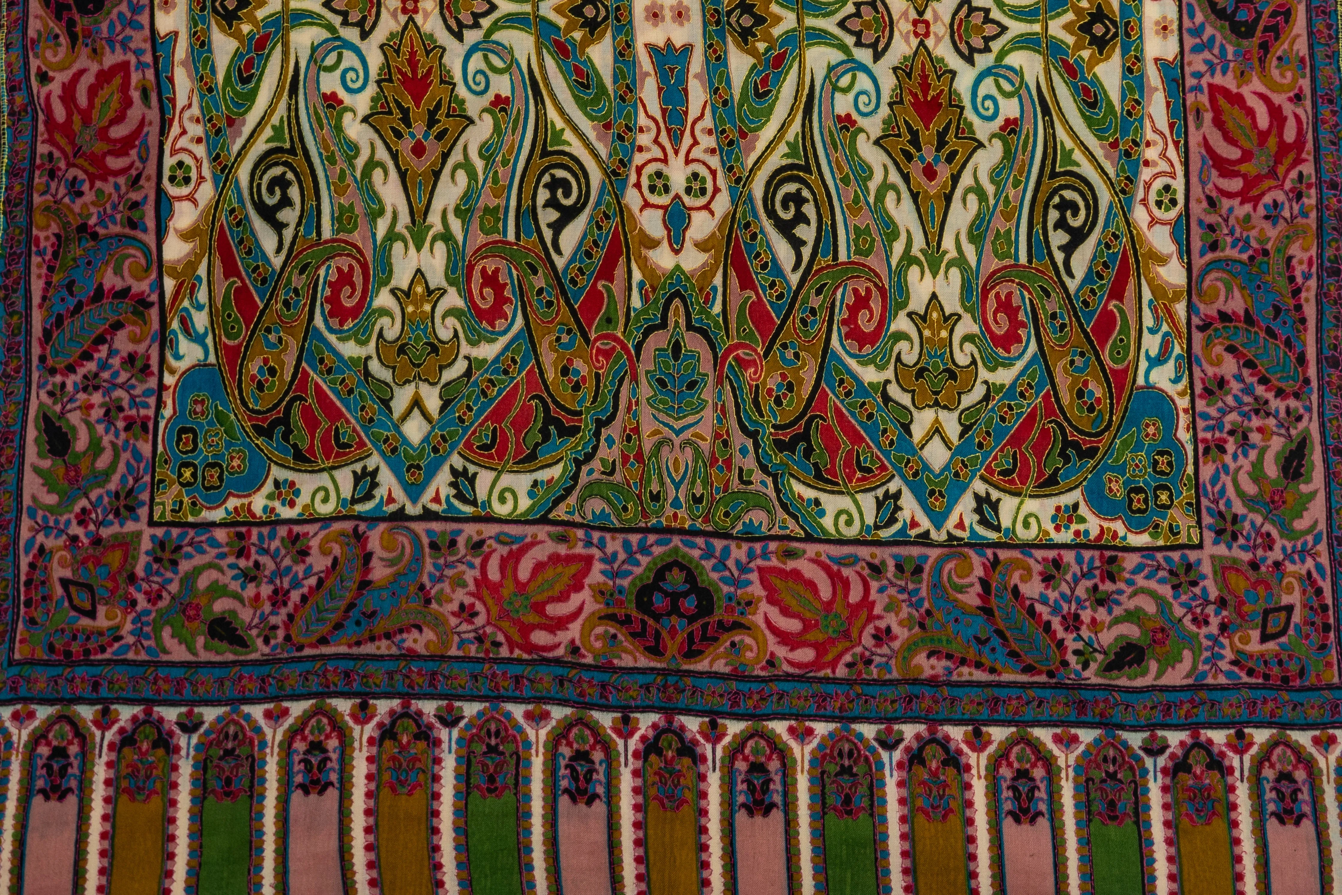 Kalamkari Shawl: Hand-Embroidered Sozni Merino Wool Shawl in Multicolor Delight