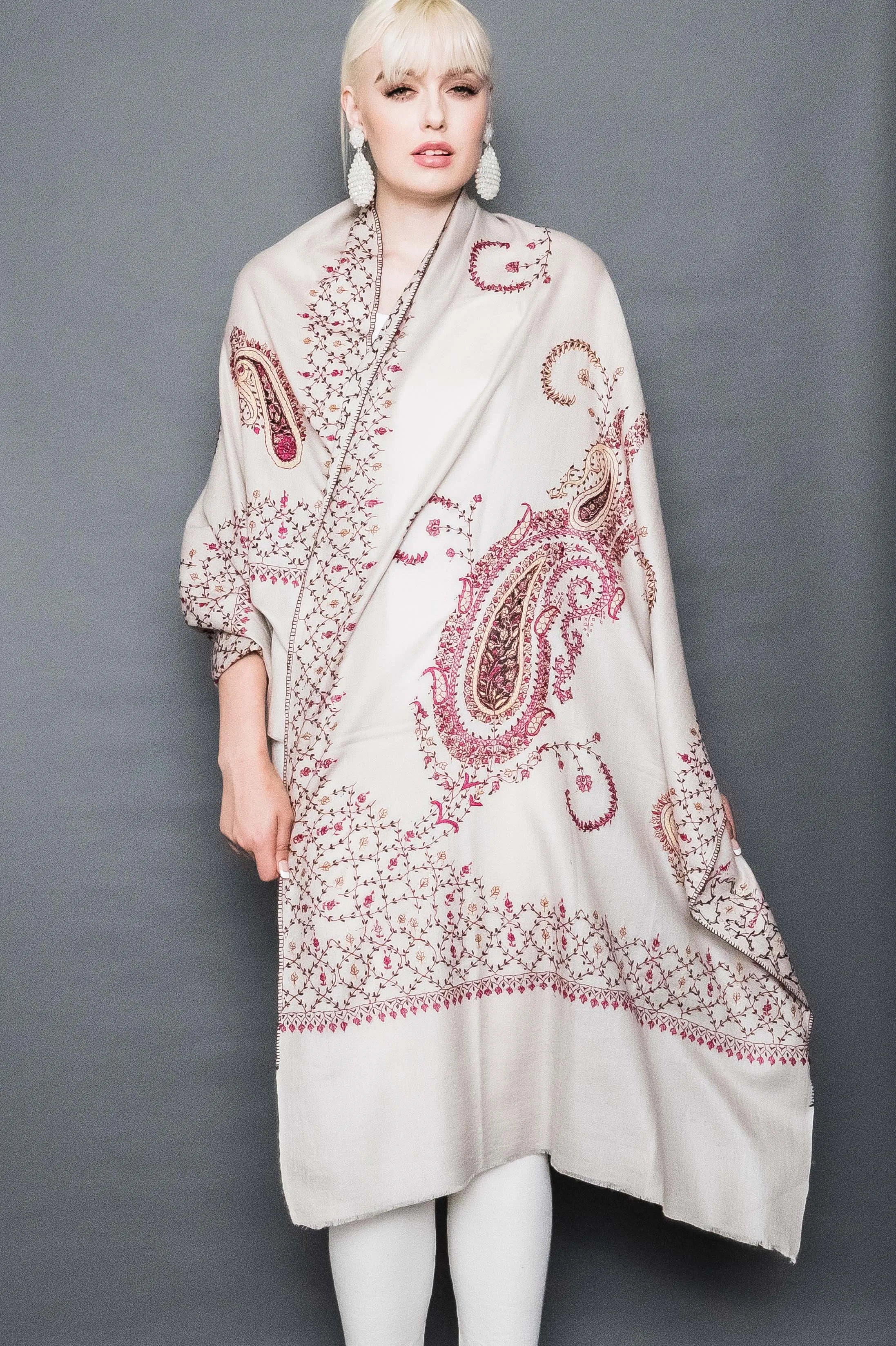 Kashmiri Shawl With All Over Embroidery -  Winter Sale 50% Off - At checkout use code Winter50%