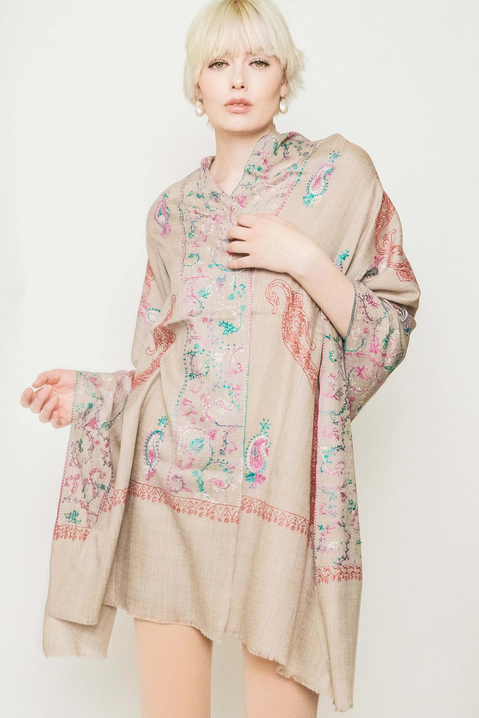 Kashmiri Shawl With All Over Embroidery -  Winter Sale 50% Off - At checkout use code Winter50%