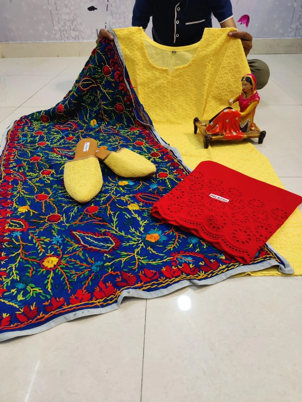 Light Yellow Cotton Phulkari Suit with Beautiful Chikan & Sequins Embroidery Work Shopping Online