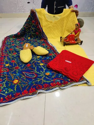 Light Yellow Cotton Phulkari Suit with Beautiful Chikan & Sequins Embroidery Work Shopping Online