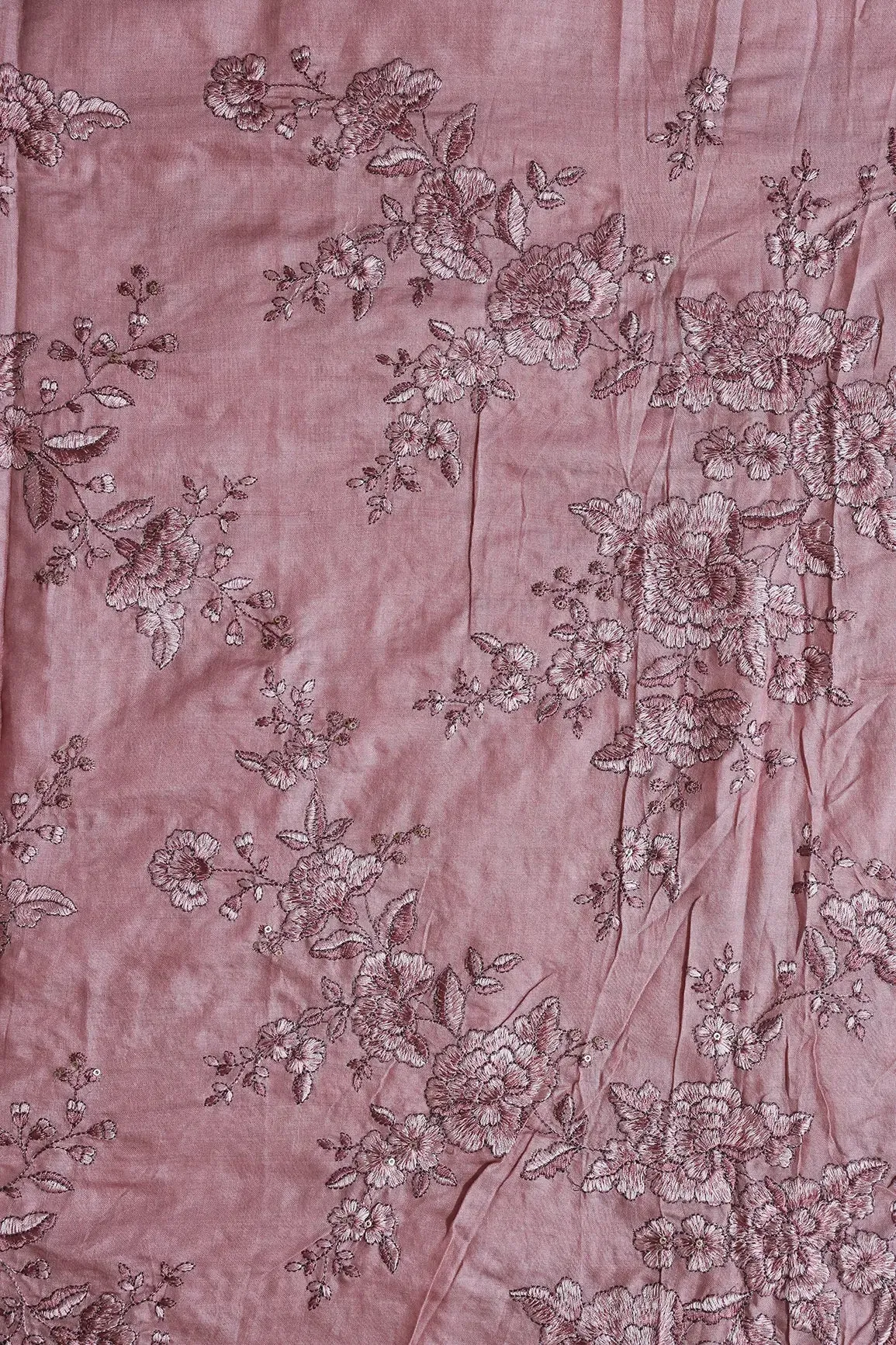 Mauve Color Thread With Gold Sequins Floral Embroidery On Mauve Pure Bamboo Silk Fabric