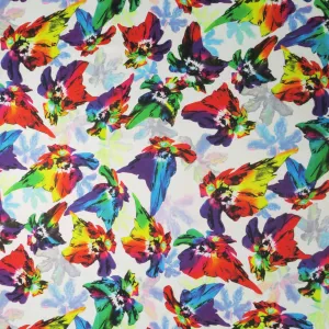 Multicolored Floral on a White Background Printed Polyester Mikado Fabric