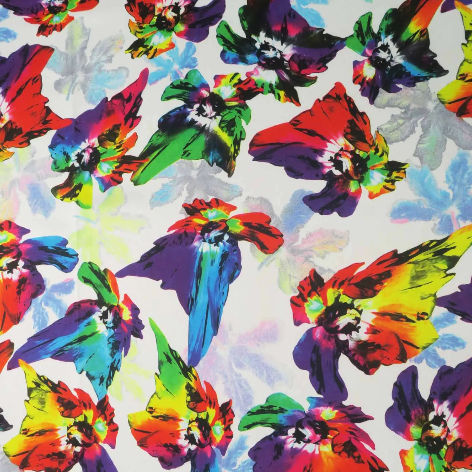 Multicolored Floral on a White Background Printed Polyester Mikado Fabric