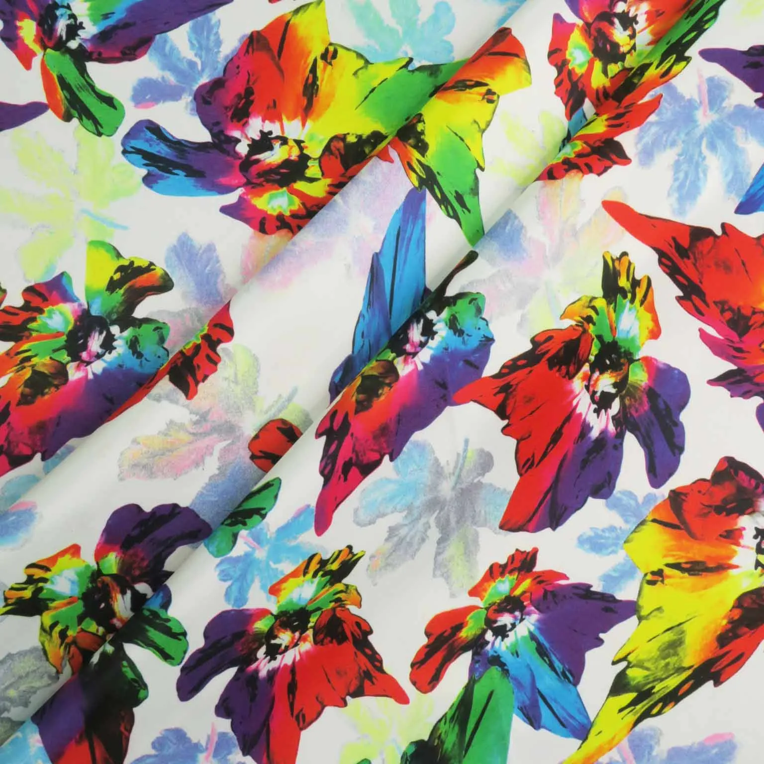 Multicolored Floral on a White Background Printed Polyester Mikado Fabric