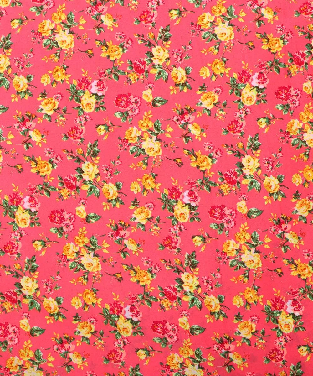 Neon Pink Floral Pattern Crepe Fabric