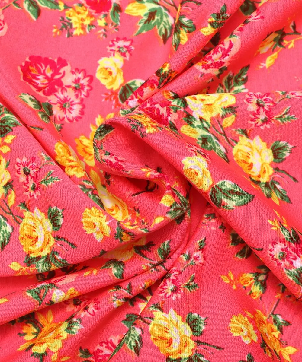 Neon Pink Floral Pattern Crepe Fabric