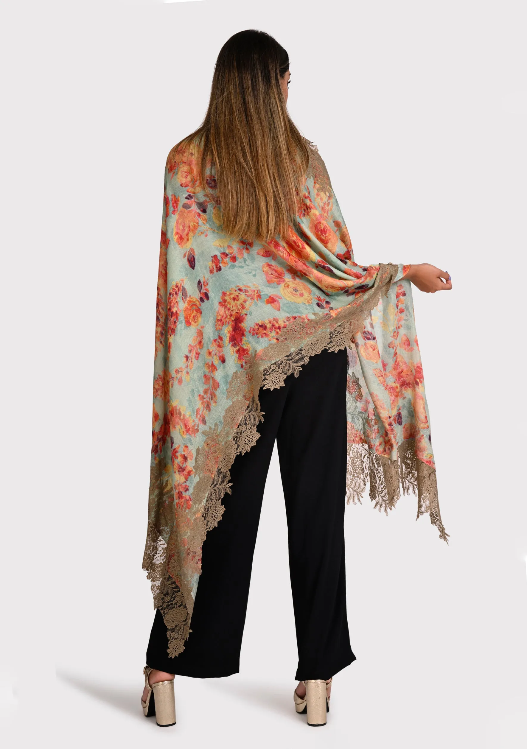 Orange Blossom Print Wool And Silk Scarf with a Natural Floral Lace Border